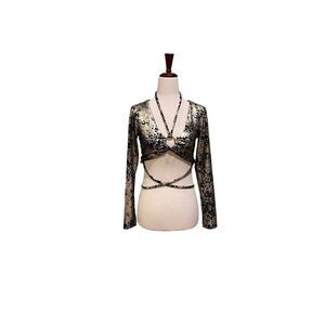 Meraki top women’s size XS gold & black abstract pattern long sleeve sexy crop